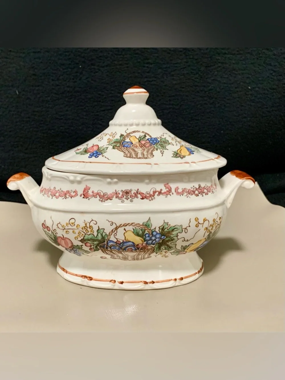 🔍 Vintage Japan Harvest Fruit Basket Ceramic Soup Tureen w/ Lid